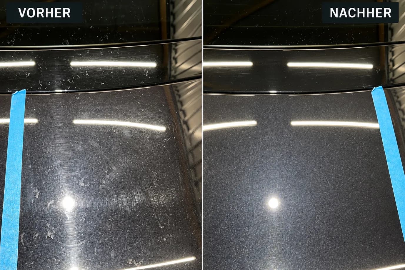 Abgeklebte schwarze Motorhaube im direkten Vergleich: links Swirls und Hologramme im Lack, rechts nach der Politur gleichmäßiger Glanz